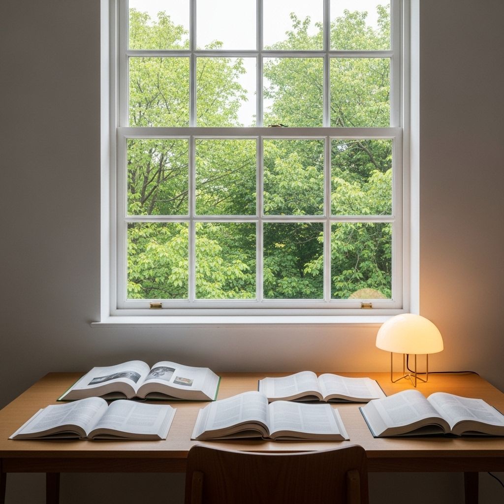 Bright minimalist reading room with a large window overlooking green trees, a clean wooden desk with open reference books and a warm lamp, representing a place of focused independent research and study