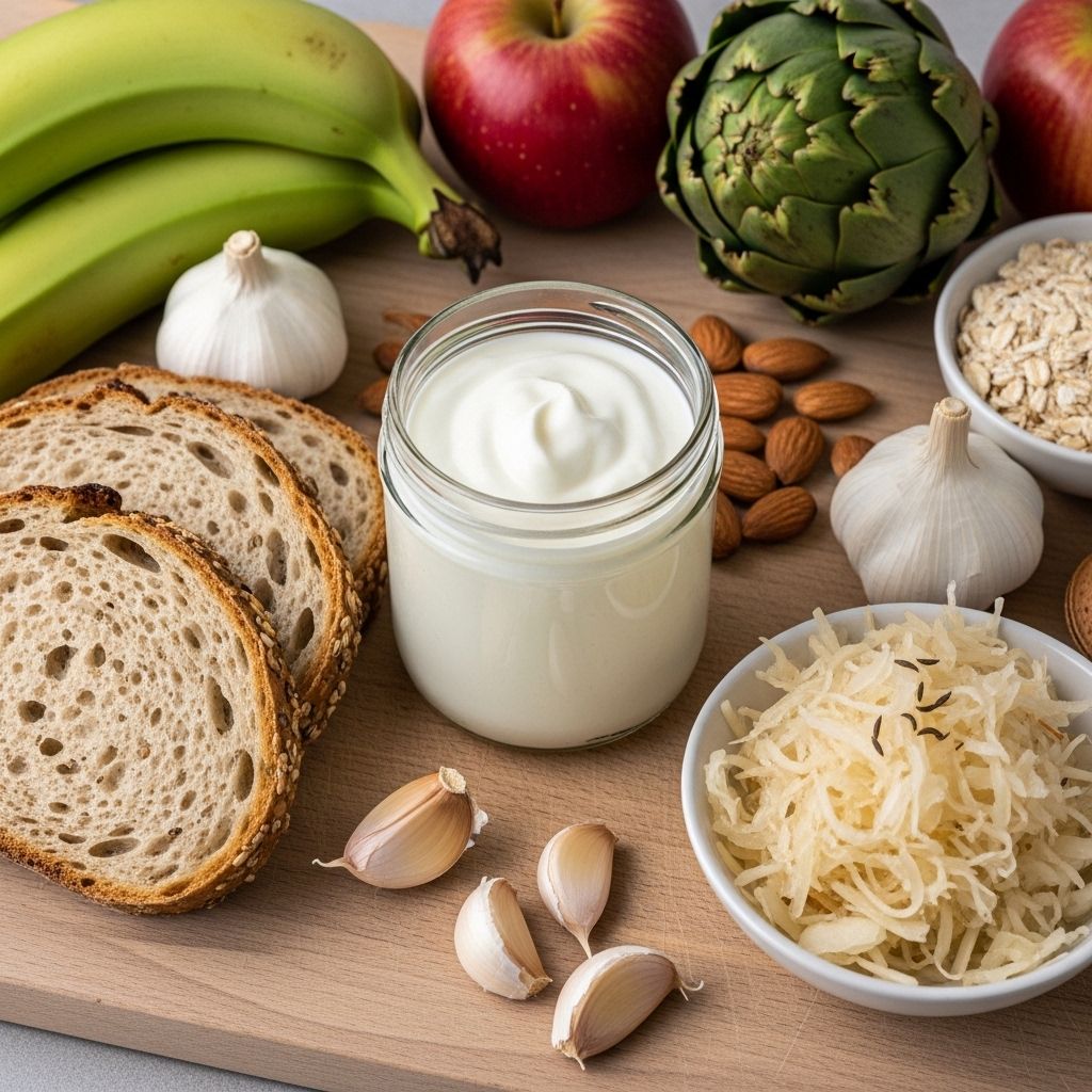 Wide variety of prebiotic and probiotic foods including plain yogurt in a glass jar, sauerkraut, whole grain bread, artichoke and garlic cloves arranged on a light wooden cutting board