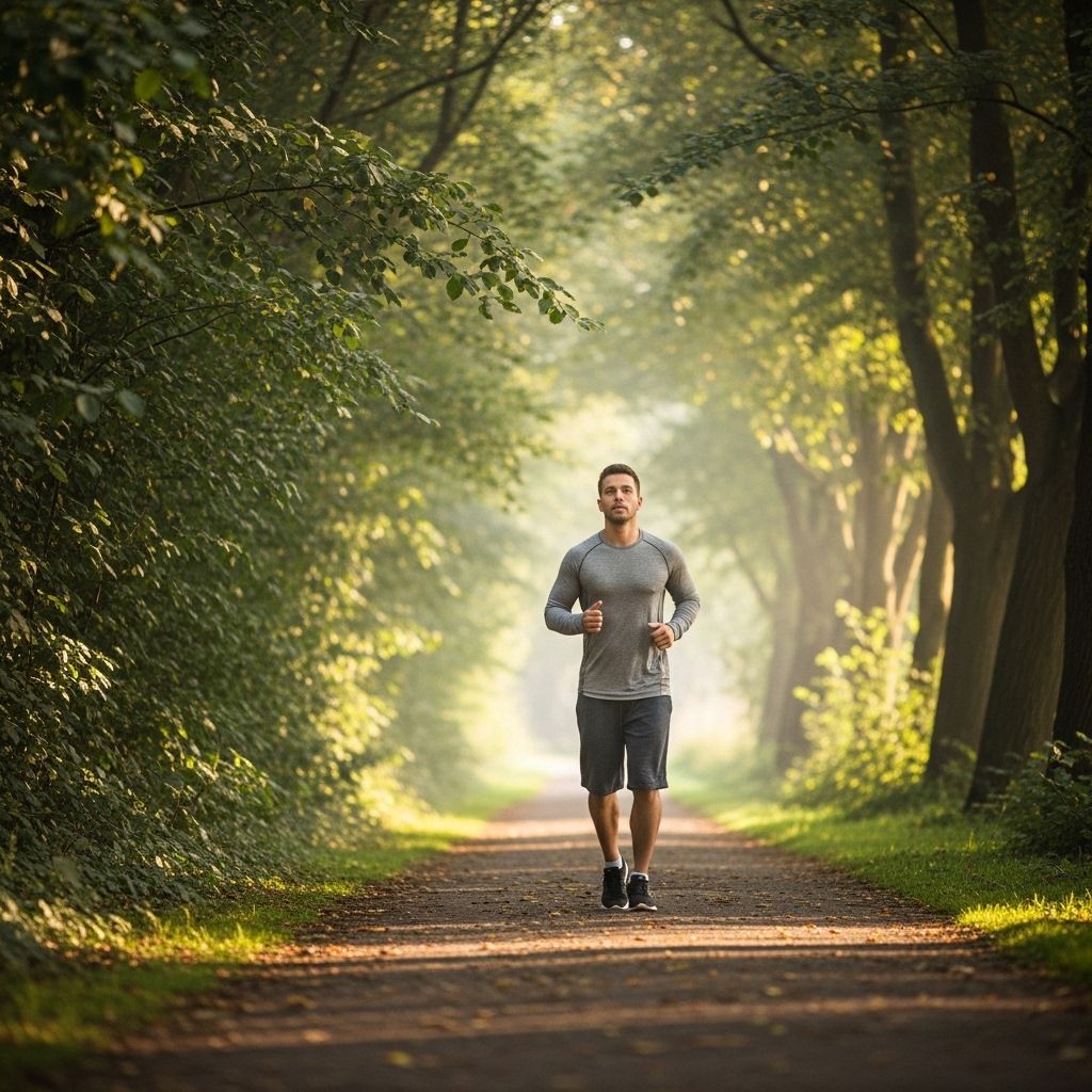A fit man jogging along a tree-lined park path in soft morning light, wearing casual athletic wear, surrounded by lush green foliage and a calm natural setting