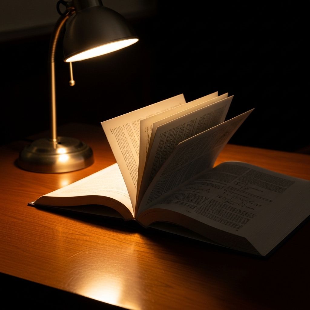 Open scientific journal or hardcover reference book on a dark wooden desk with a single reading lamp casting warm focused light, creating an atmosphere of careful study and critical analysis